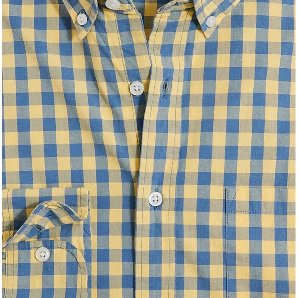 J. Crew Button Down Shirt Mens L Slim Fit Yellow Blue Check Plaid Long Sleeve